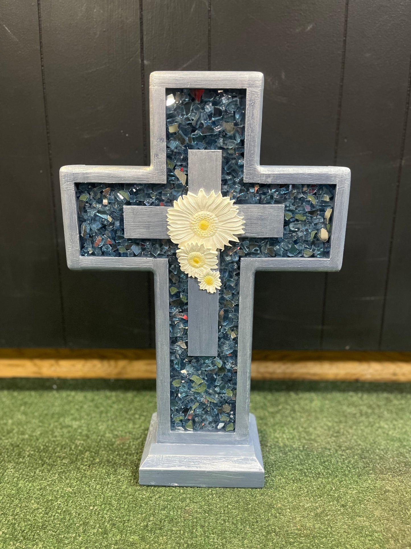 Handmade Wooden Cross- Medium (Blue w flowers)