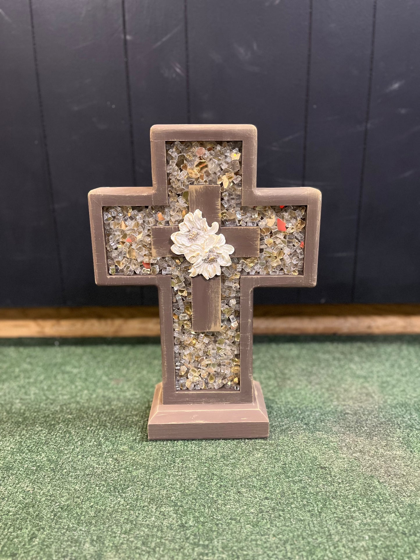 Handmade Wooden Cross- Small (brown w flowers)