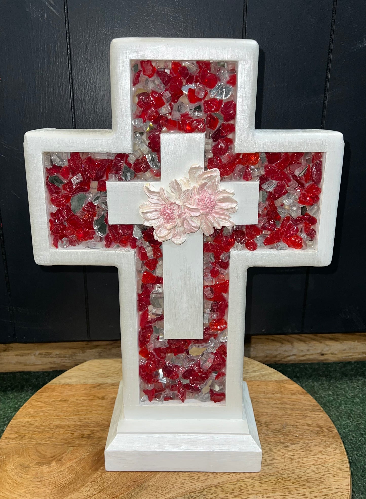 Handmade Wooden Cross- Small (Red w flowers)