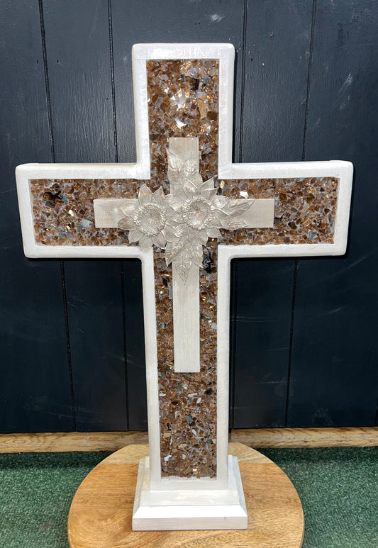 Handmade Wooden Cross- Large (Brown with Flower)