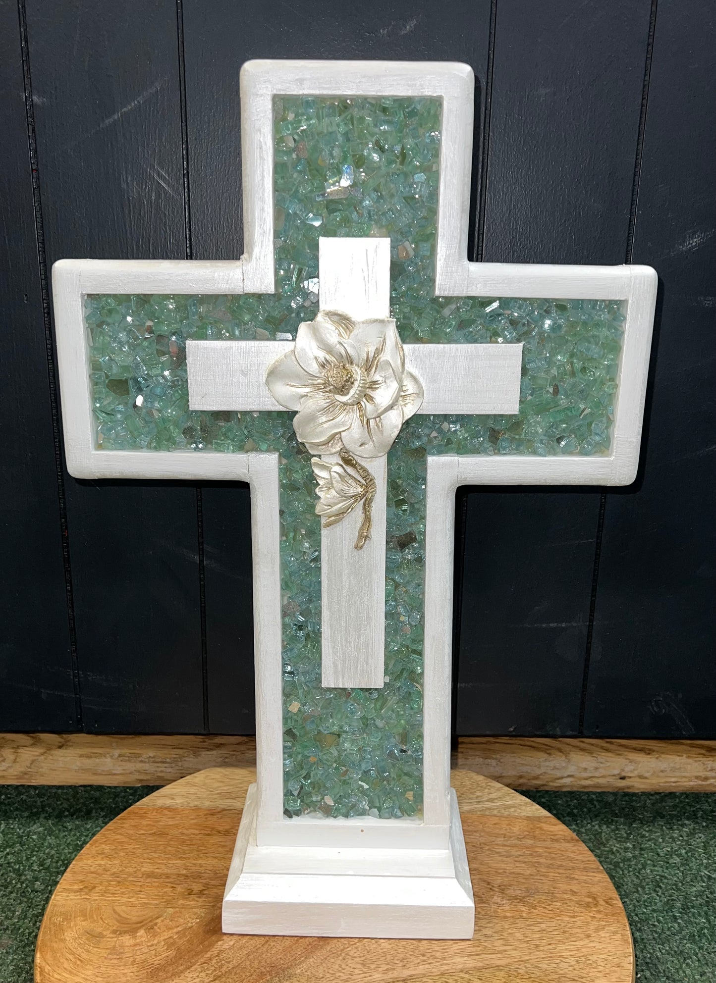 Handmade Wooden Cross- Large (Green w flowers)