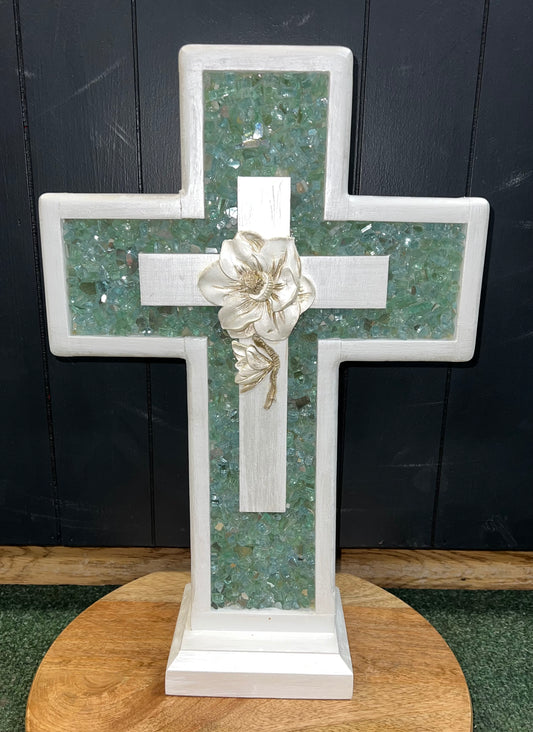 Handmade Wooden Cross- Large (Green w flowers)