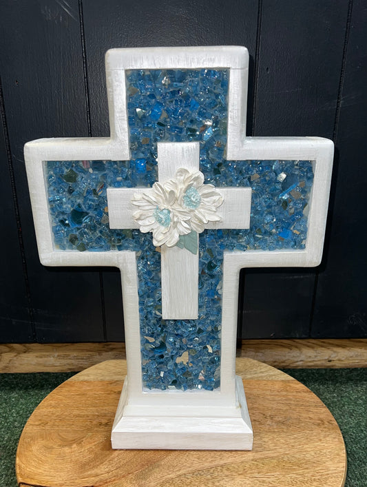 Handmade Wooden Cross- Small (Blue w flowers)