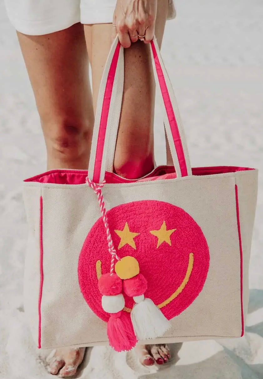 Hot Pink Star Happy Face Tote Bag