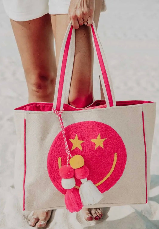 Hot Pink Star Happy Face Tote Bag
