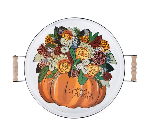 Give Thanks Floral Pumpkin Enamel Tray