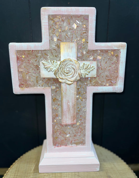 Handmade Wooden Cross- Small (Gold & Pink)