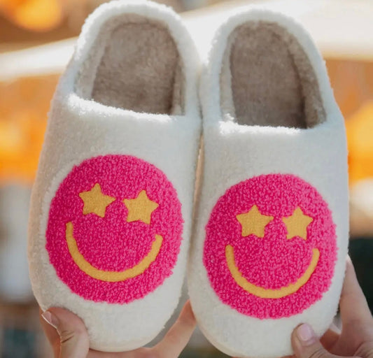 Hot Pink Star Eyed Happy Face Slippers M/L