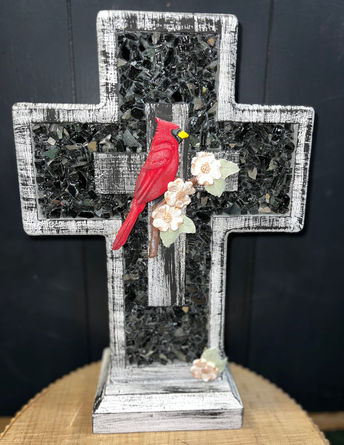 Handmade Wooden Cross- Medium  (Black with Red Bird)