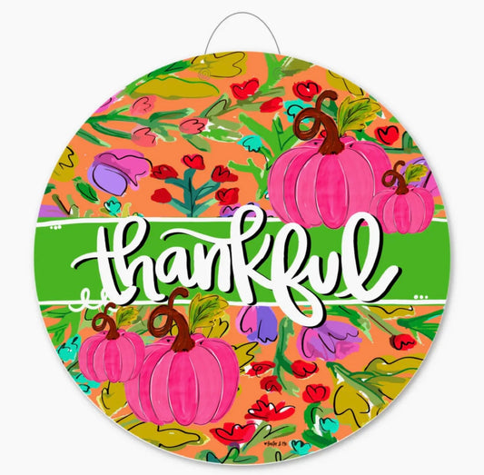 Thankful Pink Pumpkin in Bloom Door Hanger